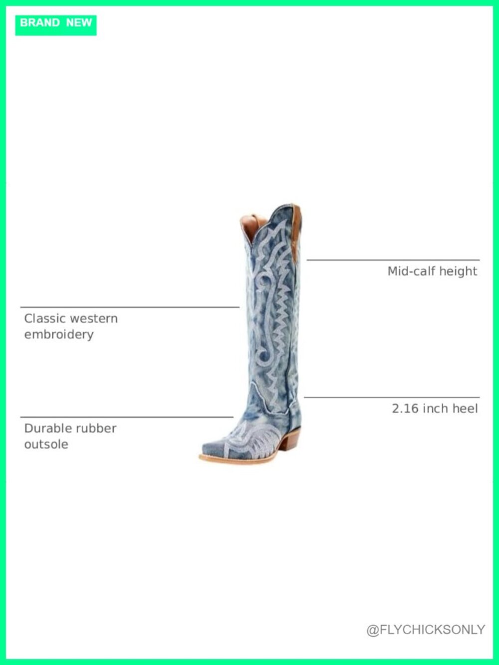 Western Cowgirl Boots Mid Calf Low Heel Pointed Toe Zip Up - Picture 2 of 6